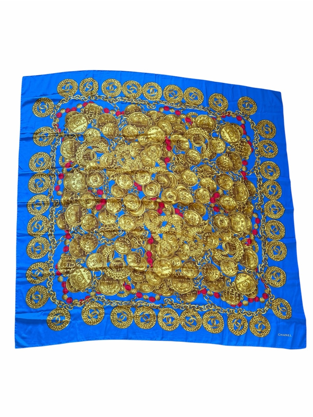 CHANEL Large Blue and Gold Coin Motif Silk Scarf